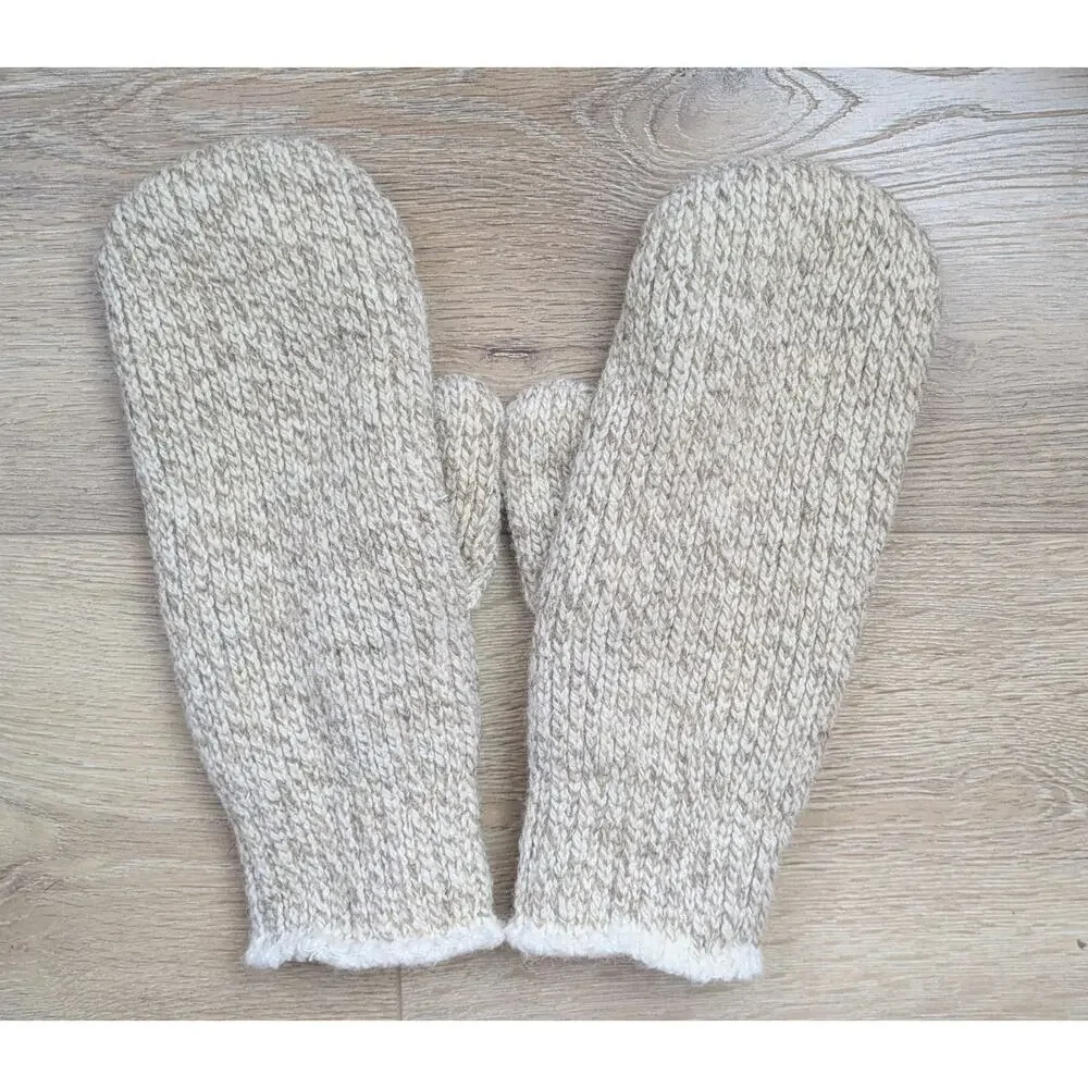 Wool 85% Blend Knit Mittens Large Oatmeal Beige Fleece Lined Rustic Warm Haiti